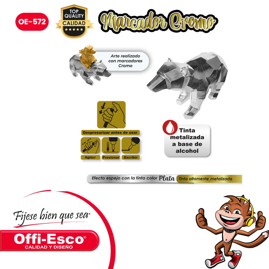 Marcador Cromo punta media 4.5m Marcador Cromo punta media 4.5m Display unicolor (plata o dorado) Tinta metalizada a base de alcohol Efecto espejo con la tita color plata Tinta altamente metalizada Debes despresurizar antes de usar: 1. Agita de arriba a bajo 2. Presiona sobre una superficie la punta 3. Escribe